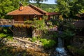 Restaurant in a vintage yard with wooden house, beautiful garden and much retro details