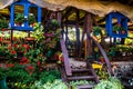 Restaurant in a vintage yard with wooden house, beautiful garden and much retro details