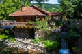 Restaurant in a vintage yard with wooden house, beautiful garden and much retro details