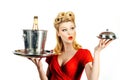 Restaurant waiter. Pinup girl with service tray. Serving presentation concept.