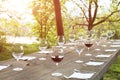 Restaurant wine glasses on a wooden table