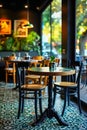 Restaurant with wooden tables and chairs has green plant on one table as decoration. Generative AI Royalty Free Stock Photo