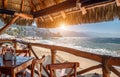 Restaurants and cafes with ocean views on Playa De Los Muertos beach and pier close to famous Puerto Vallarta Malecon, the city Royalty Free Stock Photo