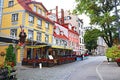 Restaurants and colorful buildings on Meistaru Street in Old town, Riga