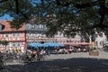 Restaurants with guests on the historic schlossplatz in frankfurt-hoechst, germany