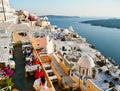 Restaurants on the Santorini Caldera at Sunset, Greece