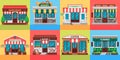 Restaurants and shops facades. Old shop building, market store and restaurant buildings exterior flat vector Royalty Free Stock Photo