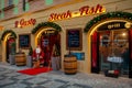 Restaurnat exterior decorated for Christmas in Prague.