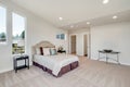 Restful bedroom interior with master bed placed under a sloped ceiling