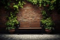 Restful brick wall backdrop embraces a bench amid verdant foliage