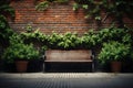 Restful brick wall backdrop embraces a bench amid verdant foliage