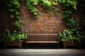 Restful brick wall backdrop embraces a bench amid verdant foliage