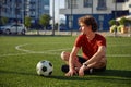 Restful father sitting on football stadium grass