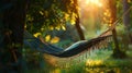 A restful nights sleep awaits in a hammock nestled between two trees surrounded by the calming sounds of nature. 2d flat