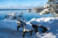 Resting area with benches and table overlooking lake Vattern Motala Sweden