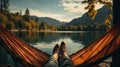 resting at camping woman laying in hammock with beautiful view of forest lake. generative ai