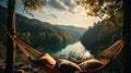 resting at camping woman laying in hammock with beautiful view of forest lake. generative ai