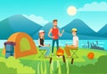 Resting family members flat illustration. Active leisure, healthy lifestyle, summer holiday concept. Cartoon tourists