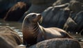Resting feline mammal, cute fur seal, sleeping on coastline generated by AI
