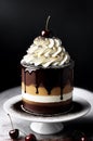 A white plate holds a chocolate cake adorned with whipped cream and topped with cherries.