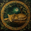 Resting Leopard Under Moonlit Sky Surrounded by Lush Foliage Royalty Free Stock Photo