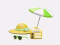 Resting outside on sunny day. 3D beach umbrella, women sun hat, sunglasses, radio