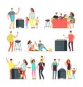 Resting people on bbq picnic. Active family and kids playing outdoor. Cartoon vector characters isolated Royalty Free Stock Photo