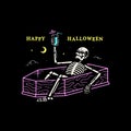 RESTING SKELETON WITH COCKTAIL IN A COFFIN BANNER COLOR BLACK