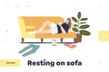 Resting on sofa concept of landing page with woman lying with smartphone on couch in living room Royalty Free Stock Photo