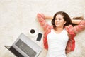 Resting Woman with Laptop Phone Coffee Cup, Beautiful Girl Top View Lying Down on Back on White Carpet Floor