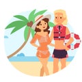 Resting woman near beach lifeguard character for safe sea activities result, vector illustration. Beach visitor