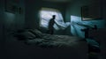 A restless night: A silhouette against a dark room, curtains billowing, the turmoil of sleeplessness palpable.