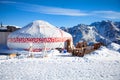 Restoran from yurt house in the mountains against the backdrop of snow mountains