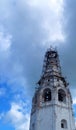 The restoration of the bell tower of the ancient Church. Blue sky