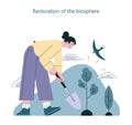 Restoration of biosphere. Reforestation program. Character planting trees.