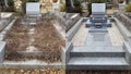 Before and after. Restoration and cleaning of cemetery tombstone, beautiful polished gray granite Royalty Free Stock Photo