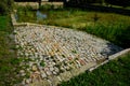 restoration of a pond with a stone wall buried under the terrain. fire tank