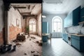 Before and After Restoration or Refurbishment: Exploring Renovation Concepts for an Apartment. Generative AI