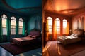 Before and After Restoration or Refurbishment of a Room with Neon Lights. AI