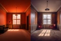 Before and After Restoration or Refurbishment of a Room with Neon Lights. AI