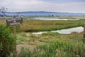 Restoration sign in the wetlands in Alviso Marsh