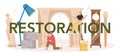 Restoration typographic header. Artist restores an ancient statue, old painting Royalty Free Stock Photo