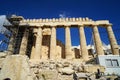 Restoration work in progress at world heritage classical Parthenon on marble base on top of Acropolis with scaffolding Royalty Free Stock Photo