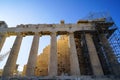 Restoration work in progress at world heritage classical Parthenon showing doric order, flute and metope on top of Acropolis with Royalty Free Stock Photo