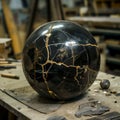 Restored black marble sphere with golden seams on a workshop table
