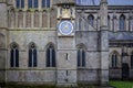 The restored exterior clock face of the Wells cathedral astronomical clock with chiming bells in Wells, Somerset, UK Royalty Free Stock Photo