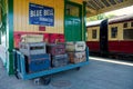 Retro style suitcases on train station platform Royalty Free Stock Photo