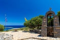 Restored remains of the ancient St Lukes church overlooking the Aegean Sea (Elounda, Crete