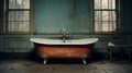 Restored And Repurposed: A Spooky Old Bathtub In Dark Orange And Teal Royalty Free Stock Photo