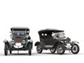 Restored vintage cars in metallic grey and blue